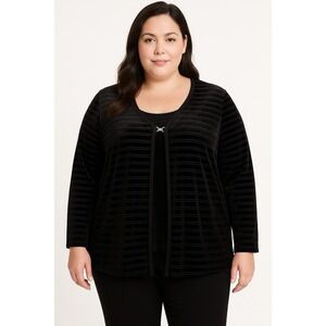 Sun Fire Womens Black Velvet Stripe Blouse Cardigan Top Layered Look 2X USA
